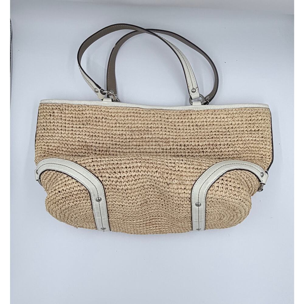 Coach Legacy Woven Raffia Straw Tote White Leather Trim Shoulder Bag Large - Picture 3 of 11